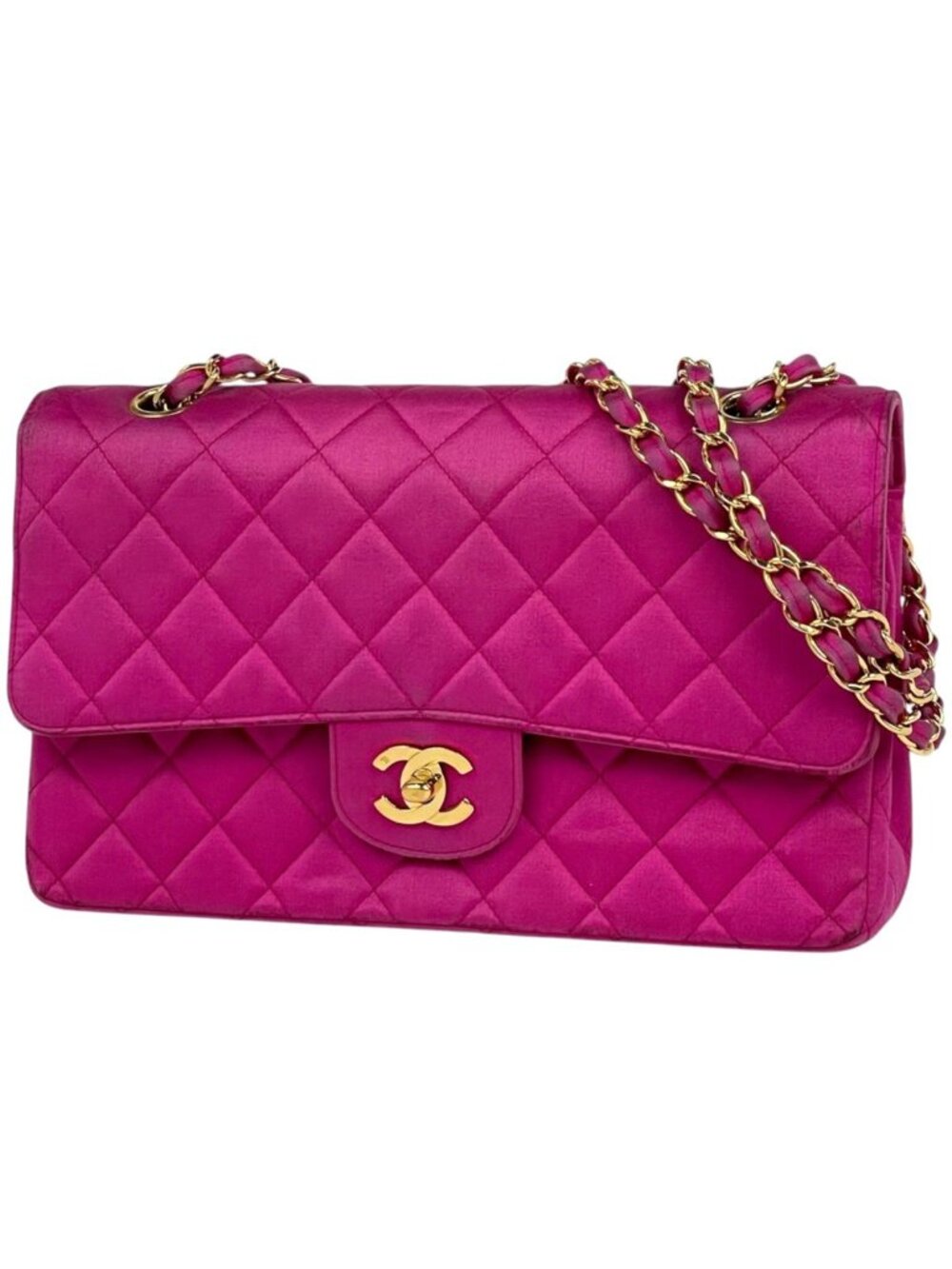 Chanel Shoulder Bag Quilted Double Flap CC Logo Satin Pink